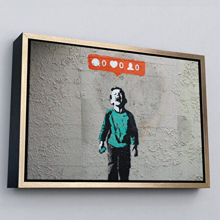 Beyaz Çerçeveli Bansky Takipçisi Olmadığı İçin Ağlayan Sosyal Medya Cocugu Kanvas Tablo