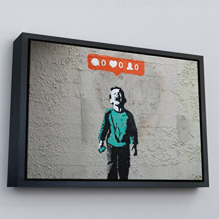 Beyaz Çerçeveli Bansky Takipçisi Olmadığı İçin Ağlayan Sosyal Medya Cocugu Kanvas Tablo