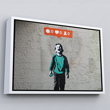 Kahverengi Çerçeveli Bansky Takipçisi Olmadığı İçin Ağlayan Sosyal Medya Cocugu Kanvas Tablo