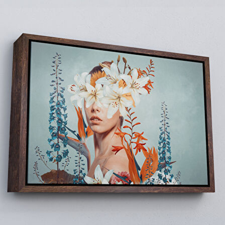 Beyaz Çerçeveli Çiçekler İçindeki Güzel Kadın Portresi Kanvas Tablo