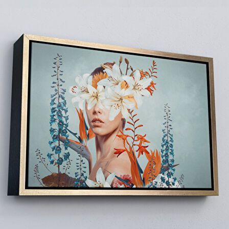 Beyaz Çerçeveli Çiçekler İçindeki Güzel Kadın Portresi Kanvas Tablo