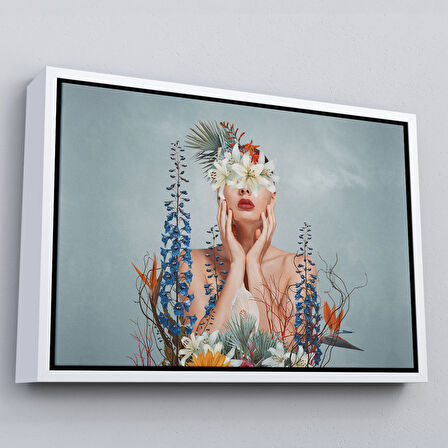 Beyaz Çerçeveli Çiçekler İçindeki Güzel Kadın Portresi Kanvas Tablo