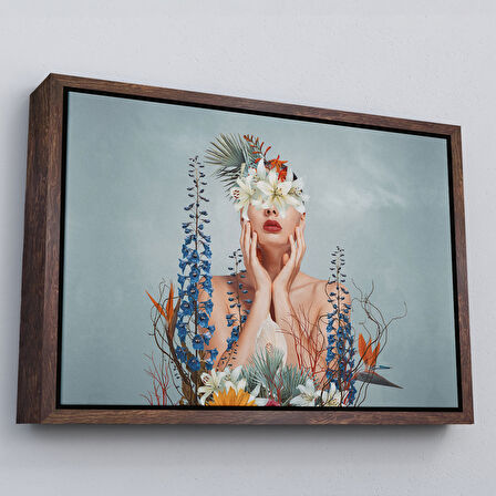 Beyaz Çerçeveli Çiçekler İçindeki Güzel Kadın Portresi Kanvas Tablo