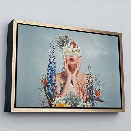 Beyaz Çerçeveli Çiçekler İçindeki Güzel Kadın Portresi Kanvas Tablo