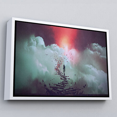 Siyah Çerçeveli Gökyüzüne Giden Kırık Merdivenlerde Duran Genç Kadın Kanvas Tablosu