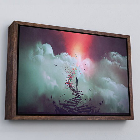 Siyah Çerçeveli Gökyüzüne Giden Kırık Merdivenlerde Duran Genç Kadın Kanvas Tablosu