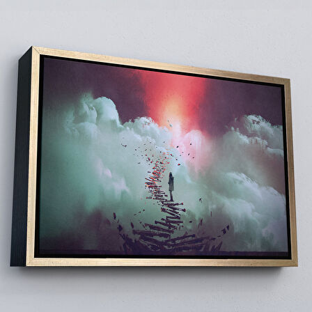 Siyah Çerçeveli Gökyüzüne Giden Kırık Merdivenlerde Duran Genç Kadın Kanvas Tablosu