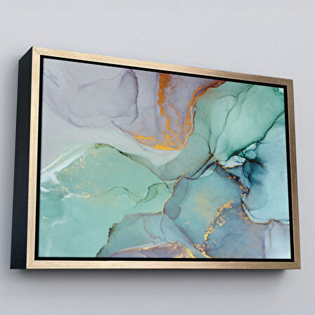 Altın Çerçeveli Mürekkep ve Alkol Elementleri ile Mermer Deseni Verilmiş Kanvas Tablo