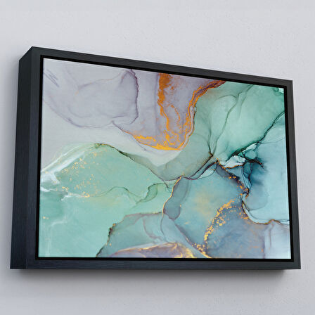 Altın Çerçeveli Mürekkep ve Alkol Elementleri ile Mermer Deseni Verilmiş Kanvas Tablo
