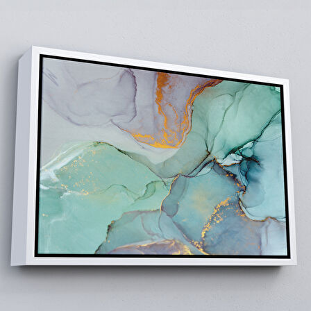 Altın Çerçeveli Mürekkep ve Alkol Elementleri ile Mermer Deseni Verilmiş Kanvas Tablo
