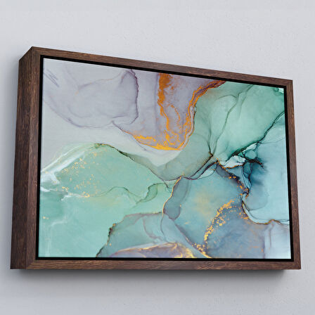 Altın Çerçeveli Mürekkep ve Alkol Elementleri ile Mermer Deseni Verilmiş Kanvas Tablo