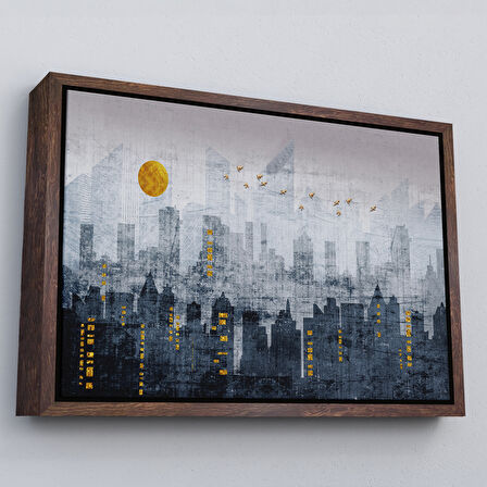 Beyaz Çerçeveli Modern Şehir Manzarasının Silueti Kanvas Tablo