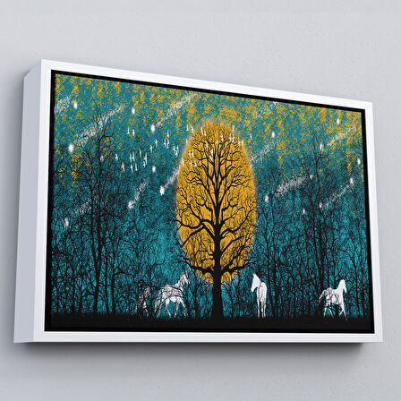 Beyaz Çerçeveli Geceyarısı Ormanda Gezen Atlar Kanvas Tablosu