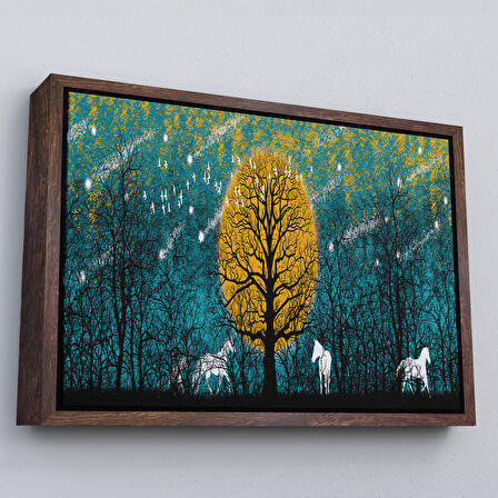 Beyaz Çerçeveli Geceyarısı Ormanda Gezen Atlar Kanvas Tablosu