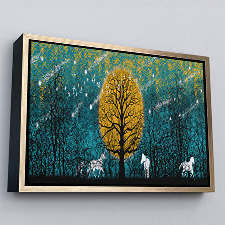 Beyaz Çerçeveli Geceyarısı Ormanda Gezen Atlar Kanvas Tablosu