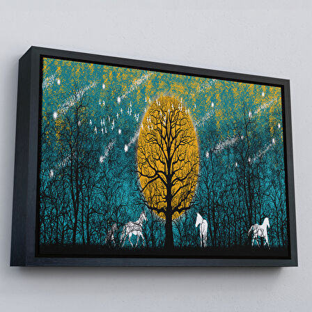 Beyaz Çerçeveli Geceyarısı Ormanda Gezen Atlar Kanvas Tablosu