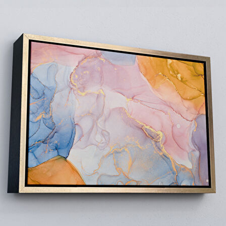 Altın Çerçeveli Mürekkep ve Alkol Elementleri ile Mermer Deseni Verilmiş Kanvas Tablo