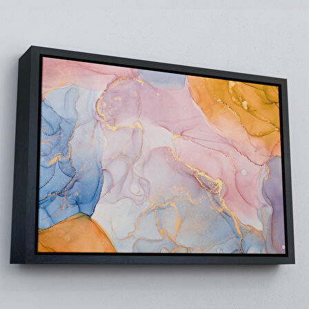 Altın Çerçeveli Mürekkep ve Alkol Elementleri ile Mermer Deseni Verilmiş Kanvas Tablo