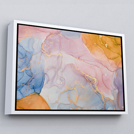 Altın Çerçeveli Mürekkep ve Alkol Elementleri ile Mermer Deseni Verilmiş Kanvas Tablo
