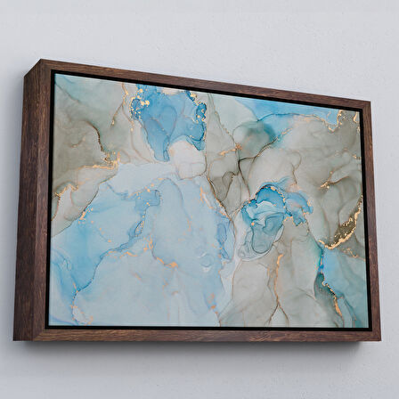 Beyaz Çerçeveli Mürekkep ve Alkol Elementleri ile Mermer Deseni Verilmiş Kanvas Tablo