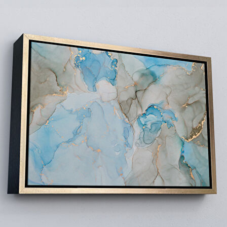 Beyaz Çerçeveli Mürekkep ve Alkol Elementleri ile Mermer Deseni Verilmiş Kanvas Tablo