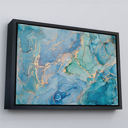 Kahverengi Çerçeveli Mürekkep ve Alkol Elementleri ile Mermer Deseni Verilmiş Kanvas Tablo