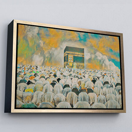 Kahverengi Çerçeveli Mekke Kabe'de Kılınan Namazın Muhteşem Görüntüsü Kanvas Tablo