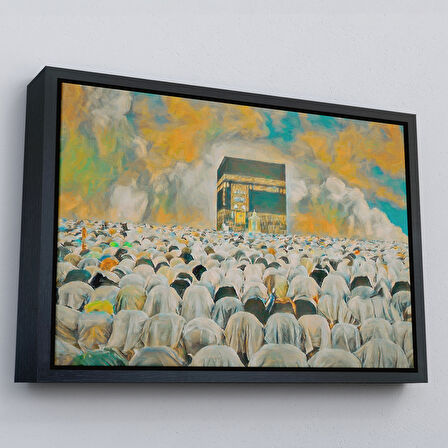 Kahverengi Çerçeveli Mekke Kabe'de Kılınan Namazın Muhteşem Görüntüsü Kanvas Tablo