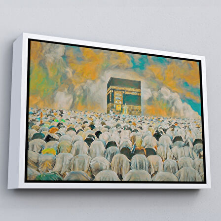 Kahverengi Çerçeveli Mekke Kabe'de Kılınan Namazın Muhteşem Görüntüsü Kanvas Tablo