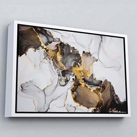 Beyaz Çerçeveli Mermer Desenli ve Altun Tozu Detaylı Soyut Modern Kanvas Tablo