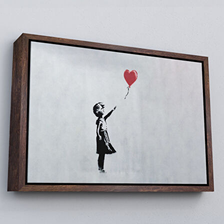 Kahverengi Çerçeveli Banksy Kırmızı Balonu Uçup Giden Kız Kanvas Tablosu