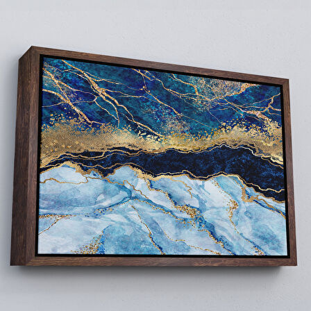 Siyah Çerçeveli Mavi ve Gold'un Müthiş Uyumu Mermer Görünümlü Modern Kanvas Tablo