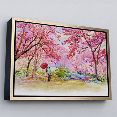Kahverengi Çerçeveli Sakura Ağacının Altındaki Sevgililer Kanvas Tablo