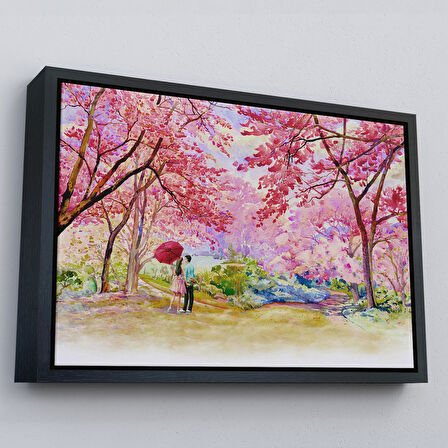 Kahverengi Çerçeveli Sakura Ağacının Altındaki Sevgililer Kanvas Tablo