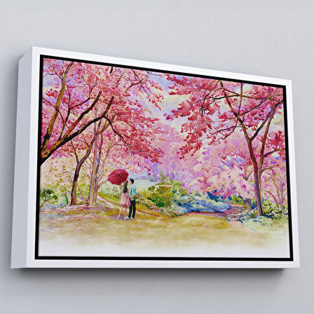 Kahverengi Çerçeveli Sakura Ağacının Altındaki Sevgililer Kanvas Tablo