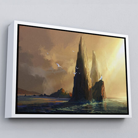 Siyah Çerçeveli Kayaların Üzerinden Okyanusu İzleyen Beyaz Pelerinli Kadın Kanvas Tablo