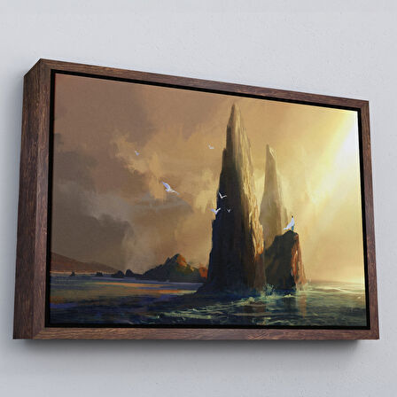 Siyah Çerçeveli Kayaların Üzerinden Okyanusu İzleyen Beyaz Pelerinli Kadın Kanvas Tablo