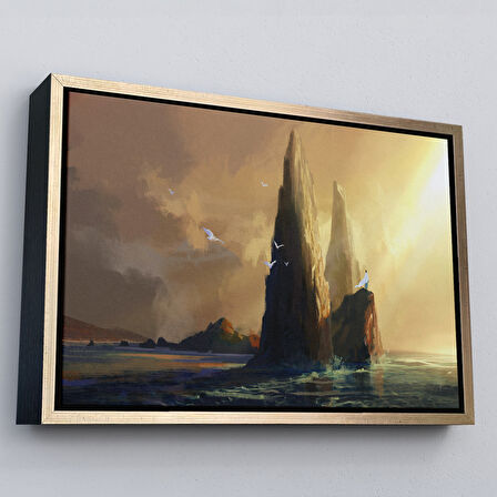 Siyah Çerçeveli Kayaların Üzerinden Okyanusu İzleyen Beyaz Pelerinli Kadın Kanvas Tablo