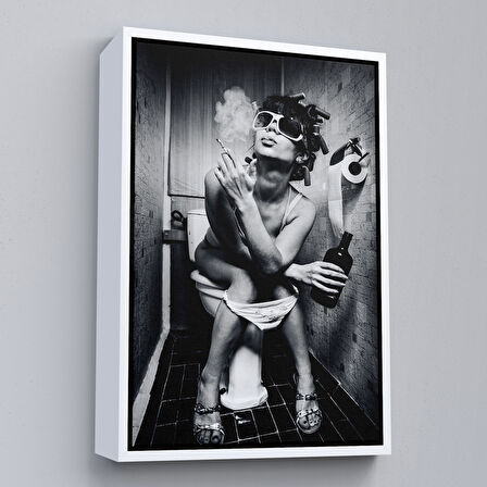 Beyaz Çerçeveli Tuvalette İçki ve Sıgara İçen Kadın Kanvas Tablo