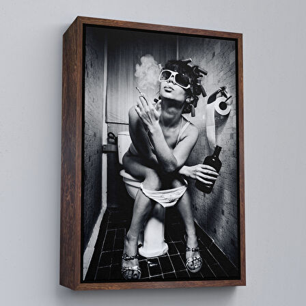 Beyaz Çerçeveli Tuvalette İçki ve Sıgara İçen Kadın Kanvas Tablo