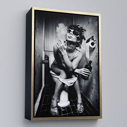 Beyaz Çerçeveli Tuvalette İçki ve Sıgara İçen Kadın Kanvas Tablo