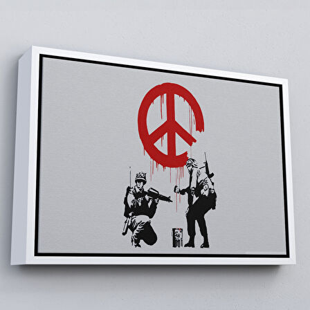 Beyaz Çerçeveli Bansky, Barış İşareti Yapan Askerler Kanvas Tablosu
