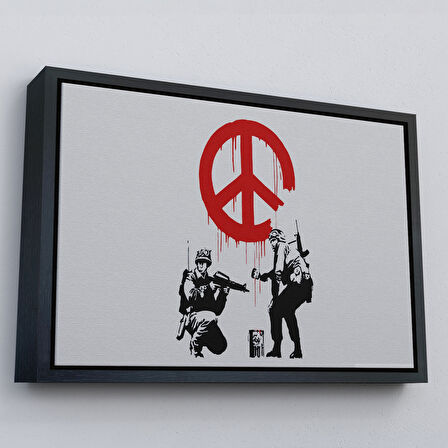Beyaz Çerçeveli Bansky, Barış İşareti Yapan Askerler Kanvas Tablosu