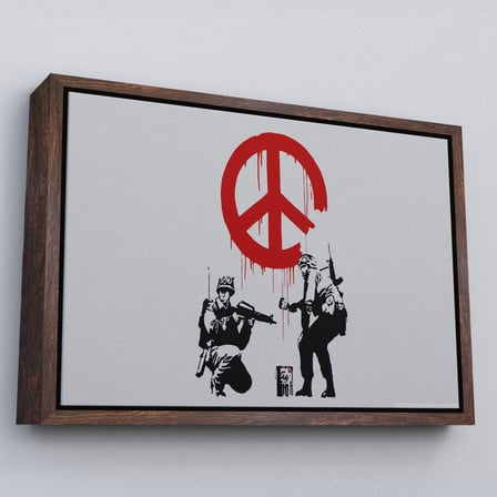 Kahverengi Çerçeveli Bansky, Barış İşareti Yapan Askerler Kanvas Tablosu