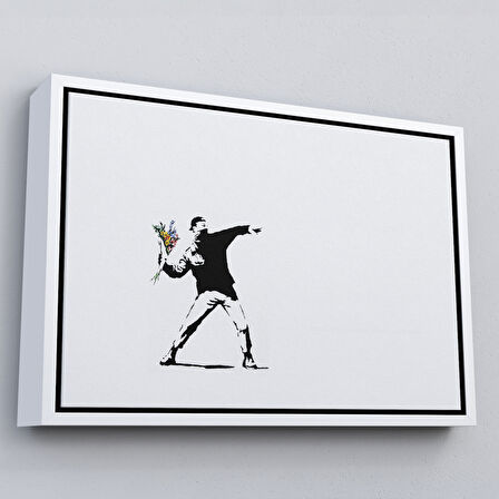 Siyah Çerçeveli Bansky'nin Çiçek Atan Adam Eseri Kanvas Tablo