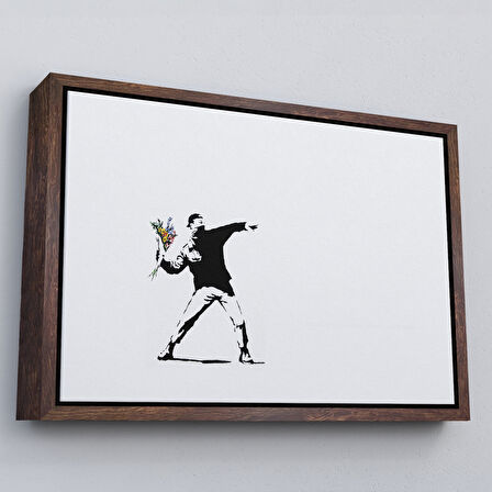 Siyah Çerçeveli Bansky'nin Çiçek Atan Adam Eseri Kanvas Tablo