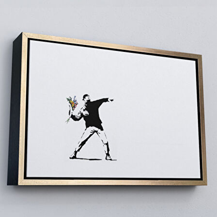 Siyah Çerçeveli Bansky'nin Çiçek Atan Adam Eseri Kanvas Tablo