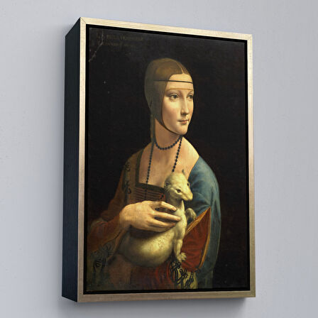 Altın Çerçeveli Ermine Leonardo Da Vinci'nın Kakımlı Kadın Eseri Kanvas Tablo / The Lady with Bangs