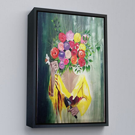 Altın Çerçeveli Çiçek Başlı Kadın Portresi Yağlıboya Görünüm Dekoratif Kanvas Duvar Tablosu