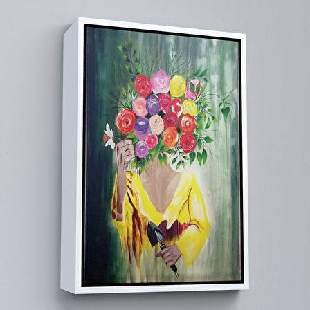 Siyah Çerçeveli Çiçek Başlı Kadın Portresi Yağlıboya Görünüm Dekoratif Kanvas Duvar Tablosu